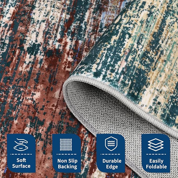 ROYHOME Washable Rug 5x7 Abstract Area Rug for Living Room, Non Slip Foldable Soft Rugs for Bedroom, Stain Resistant Rugs Modern Fuzzy Rug, Indoor Floor Carpet for Entryway Home, Red Multi