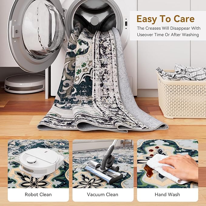 RUSHUFFY 8x10 Washable Area Rugs for Living Room, Non-Slip Large Boho Vintage Retro Print Pattern Carpet for Bedroom Dorm Dining Room Farmhouse Nursery Home Office, Slate Blue & Beige
