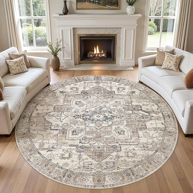 8x8 Round Area Rugs Washable Vintage - Soft Traditional Rugs for Living Room Large Non Slip Backing with Low Pile Farmhouse Oriental Retro Carpet for Bedroom Dining Room or Home Office - Tea Brown