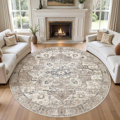 8x8 Round Area Rugs Washable Vintage - Soft Traditional Rugs for Living Room Large Non Slip Backing with Low Pile Farmhouse Oriental Retro Carpet for Bedroom Dining Room or Home Office - Tea Brown