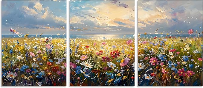 TutuBeer 3 Pcs Wildflower Field Artwork Rustic Wildflower Field at Beach Vintage Wall Art Canvas Prints Wild Flower Wall Art Rustic Style Kitchen Office Farmhouse Bathroom Decor 16x32inchx3