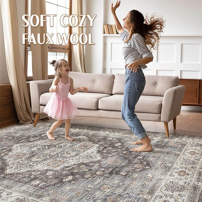 5x8 Area Rug Living Room: Washable Boho Large Neutral Vintage Soft Rug Stain Resistant Farmhouse Non-Slip Indoor Floor Carpet for Bedroom Nursery Kids Office Dining Room Playroom- Grey Brown