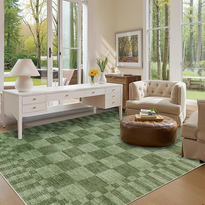 GarveeHome 8×10 Area Rugs for Living Room,Moss Green Checkered Rug，Modern Non-Slip Washable Farmhouse Geometric Checkerboard Rugs for Bedroom Dining Room Office