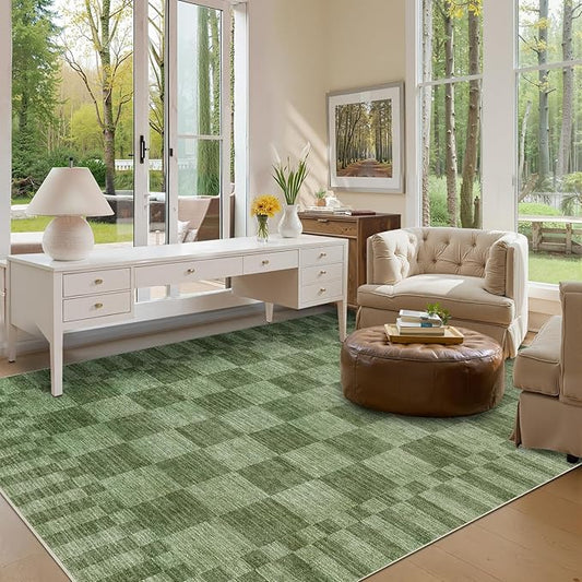 GarveeHome 8×10 Area Rugs for Living Room,Moss Green Checkered Rug，Modern Non-Slip Washable Farmhouse Geometric Checkerboard Rugs for Bedroom Dining Room Office