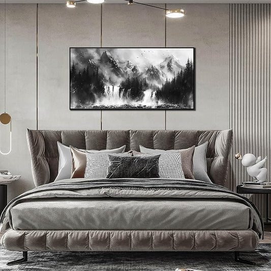Foggy Forest Art Wall Decor for Living Room - Office Artwork Wall Decor - Black and White Framed Wall Art for Bedroom Size 24" x 48"