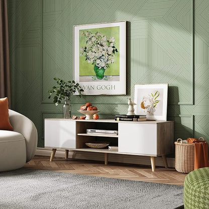 WLIVE Mid-Century Modern TV Stand for 55/60 Inch TV, Entertainment Center with Storage & Adjustable Shelves, Media Console with Soft-Close Cabinets for Living Room/Bedroom, Greige White