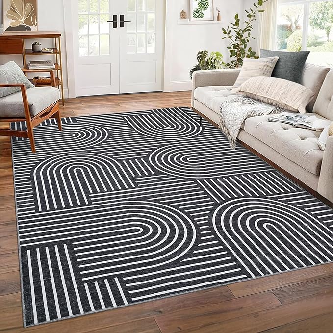 ROYHOME Washable Rug 10x13 Area Rugs for Living Room, Abstract Rug for Bedroom, Soft Rainbow Rugs with Rubber Back, Low Pile Stain Resistant Boho Geometric Rug for Dining Room, Black