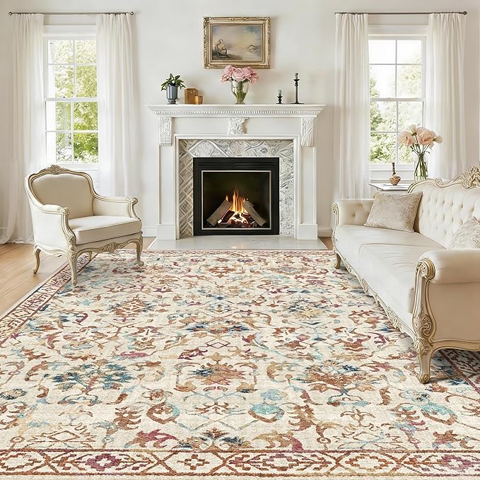 Deerly Beige Colorful Rugs 8x10 for Living Room Soft Non-Slip, Large Vintage Floral Area Rug Retro Tribal Farmhouse Stain Resistant Carpet for Bedroom Dining Room Office Guest Room