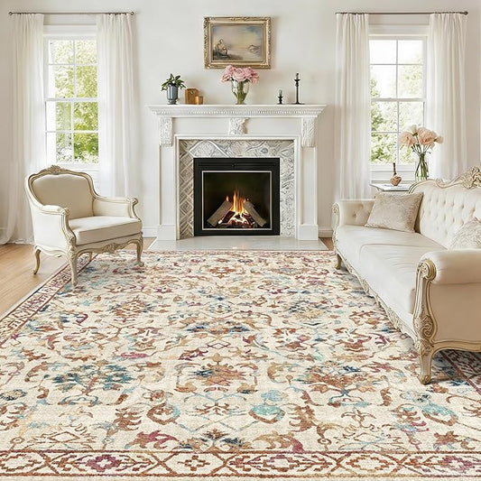 Deerly Beige Colorful Rugs 8x10 for Living Room Soft Non-Slip, Large Vintage Floral Area Rug Retro Tribal Farmhouse Stain Resistant Carpet for Bedroom Dining Room Office Guest Room
