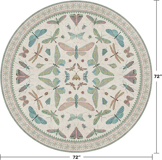 Hazo Haus Green and Blue Insect 6ft Round Soft Rugs for Nursery, Bedroom Beside Bed - Non Skid Rug Low Pile Washable Living Room Rugs, Forest Butterfly Design Stain Resistant Home Décor