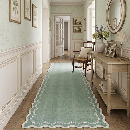 GarveeHome 2.6x10 Scalloped Washable Runner Rug for Kitchen, Soft Green Long Hallway Runner Non Slip Entryway Rug Farmhouse Thin Laundry Mat Stain Resistant Carpet for Bathroom Beside Rug