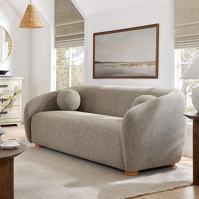Modway Holland 85 Inch Minimalist Curved Back Sofa in Taupe – Chenille Fabric Sofa with Ball Throw Pillows and Wood Feet – Modern 3-Seater Couch for Living Room