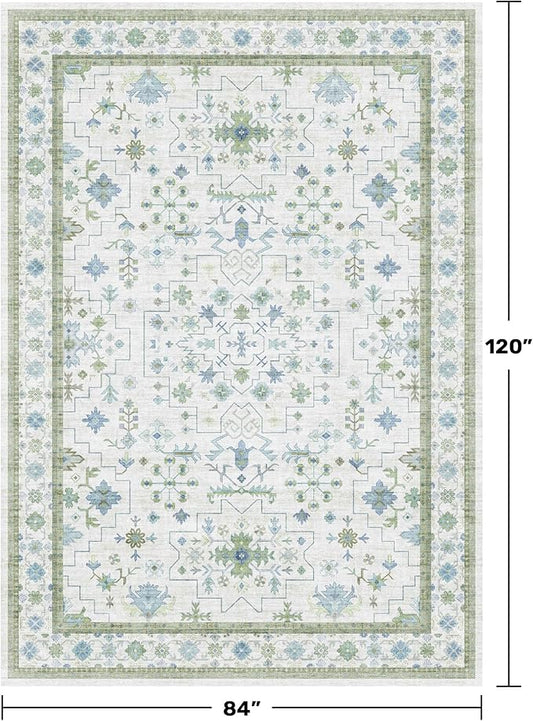 Hazo Haus Blue and Green Living Room Rug 7x10 - Cream Oushak Vintage Boho Floral Farmhouse, Washable Low Pile Non-Slip Extra Large Area Rugs for Bedroom, Kids, Lounge