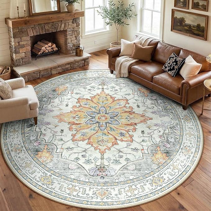 RELEANY Area Rugs Round 8ft Washable Non-Slip, Floral Vintage Distress Print Pattern Medallion Carpet for Living Room Bedroom Dining Room, Light Yellow Carbon Grey Orange
