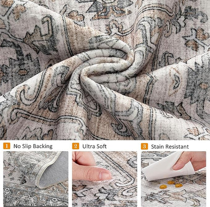10x12 Washable Area Rugs for Living Room: Non Slip Vintage Gray Brown Rug, Large Soft Stain Resistant Indoor Floor Carpets for Bedroom Dining Room Nursery Home Office Kid & Pet Friendly
