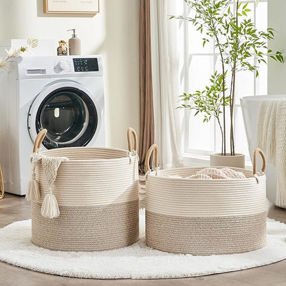 KAKAMAY Cotton Rope Storage Basket (20"x13"),Woven Hamper for Blankets,Toys,Pillows,Clothes,Laundry,Sturdy Handles Decorative Basket for Living Room, Bedroom,Nursery(Beige)