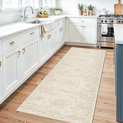 3x10 Ft Hallway Runner Rug – Non-Slip Washable Long Carpet Runner for Kitchen Indoor Entryway & Bathroom, Vintage Distressed Low Pile Thin Floor Mat (Ivory Beige)