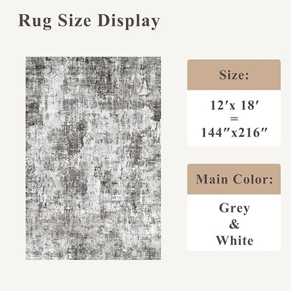 12x18 ft Extra Large Living Room Rug – Washable Modern Abstract Neutral Oversize Rugs for Bedroom,Dining Room,Family Room – Non-Slip Low-Pile Thin Stain-Resistant Carpet (Grey)