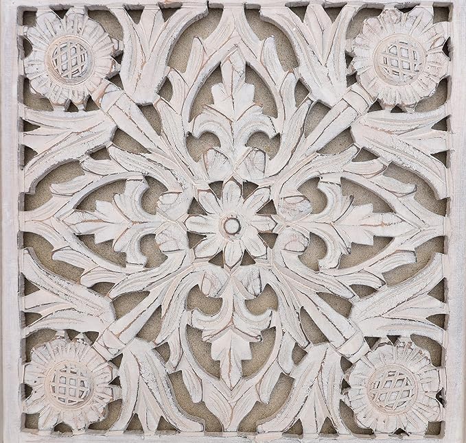 DharmaObjects Handcrafted Lotus Wood Wall Panel Decor Hanging Art 16" X 16" (White Washed)