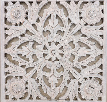 DharmaObjects Handcrafted Lotus Wood Wall Panel Decor Hanging Art 16" X 16" (White Washed)