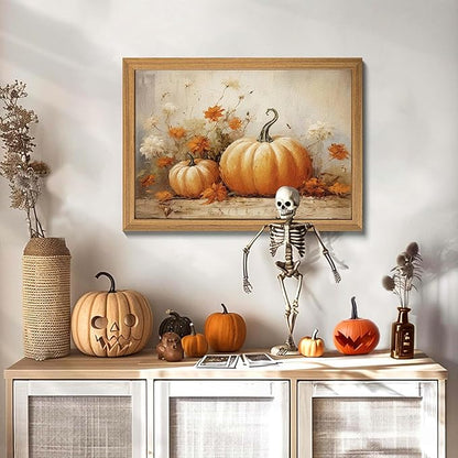 Framed Vintage Halloween Pumpkin Wall Art – 3D Texture Harvest Pumpkins Pictures Fall Wall Decor for Living Room, Rustic Autumn Pumpkin Art Prints for Kitchen, Bedroom, Home or Party – 12x16in
