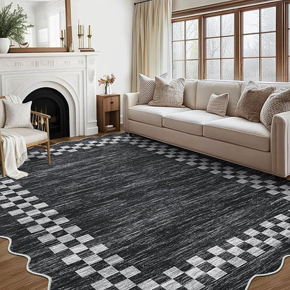 GarveeHome 8x10 Area Rug for Living Room Scalloped Washable Large Bedroom Rug Non Slip Stain Resistant Modern Border Dining Room Throw Carpet Scalloped Boho Rug for Home Decor Office Nursery, Grey