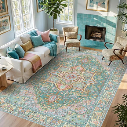 Kokia 9x12 Washable Turquoise Teal Area Rugs with Vintage Orient Design, Soft Rug for Living Room or Bedroom, Non-Slip Low Pile Stain Resistance Features, Distressed Medallion Pattern