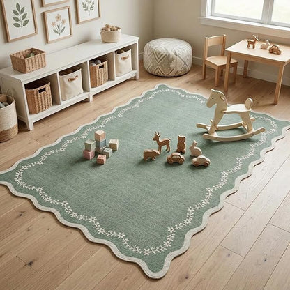 GarveeHome 4x6 Green Scalloped Washable Area Rug for Nursery Room, Solid Floral Soft Bedroom Rug Non Slip Low Pile Small Carpet Stain Resistant Throw Rug for Dorm Kids Room Office Dining Room