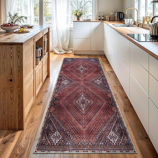 Bloom Rugs Washable Non-Slip 12 ft Runner - Red/Multicolor Traditional Bordered Runner for Entryway, Hallway, Bathroom, and Kitchen - Exact Size: 2.5' x 12'