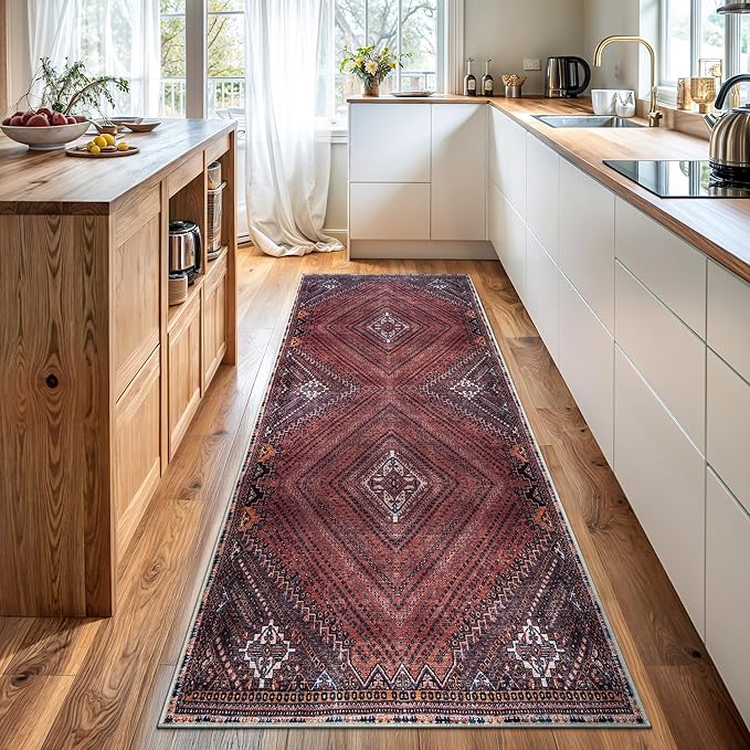 Bloom Rugs Washable Non-Slip 7 ft Runner - Red/Multicolor Traditional Bordered Runner for Entryway, Hallway, Bathroom, and Kitchen - Exact Size: 2.5' x 7'