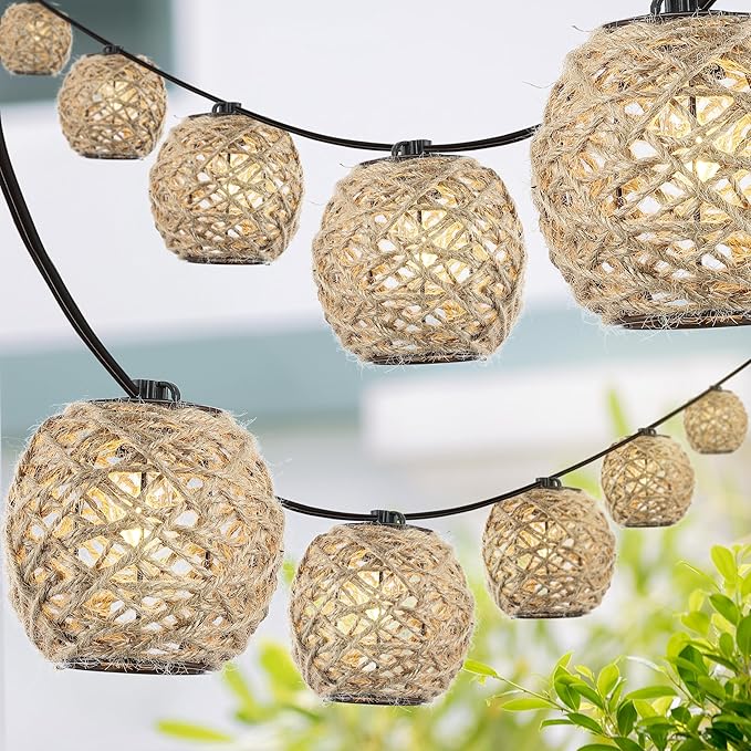 JONATHAN Y 10' 10-Light Rustic Coastal LED String Lights, Light Brown Hemp Rope Shaded Globe Lights for Indoor Outdoor Patio Porch, Bohemian Decor, LED Bulbs Included JYL8710A