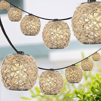 JONATHAN Y 10' 10-Light Rustic Coastal LED String Lights, Light Brown Hemp Rope Shaded Globe Lights for Indoor Outdoor Patio Porch, Bohemian Decor, LED Bulbs Included JYL8710A