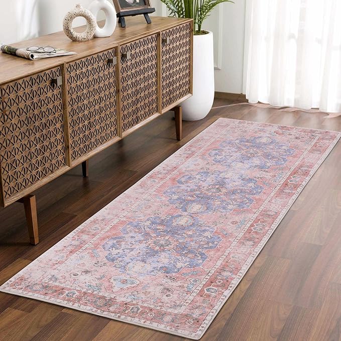 Sofrug Hallway Runner Rug, 2x8 Vintage Pink Area Rug, Honeycomb Non Slip Kitchen Runner Rugs, Washable Soft Faux Wool Rug for Hallways Entryway Kitchen Laundry Bedroom