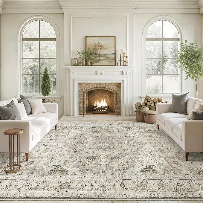 8x10 Area Rugs for Living Room Washable Non Slip Vintage Rug for Bedroom Large Stain Resistant Neutral Farmhouse Indoor Floor Carpet Dining Room Home Office Decor (Brown/Ivory,8'x10')