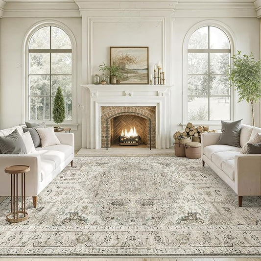 8x10 Area Rugs for Living Room Washable Non Slip Vintage Rug for Bedroom Large Stain Resistant Neutral Farmhouse Indoor Floor Carpet Dining Room Home Office Decor (Brown/Ivory,8'x10')