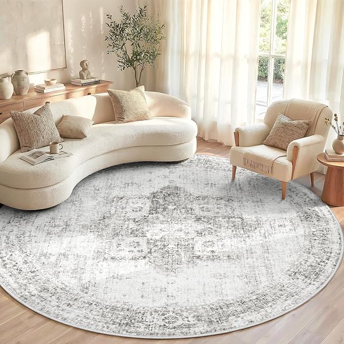 Round Rugs 6ft Washable Rug, Vintage Boho Medallion Rugs Non-Slip Soft Low Pile Circle Distressed Rug Indoor Retro Carpet for Living Room Bedroom Dining Room Home Office (Grey, 6' Round)