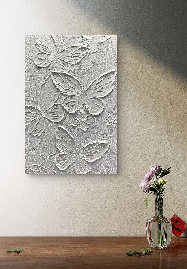 Boiee Art,24x36Inch Hand-Painted Textured Butterfly Vertical Wall Art Abstract Pure White Oil Paintings Modern Contemporary Wall Art Framed Ready to Hang for Home Decorations