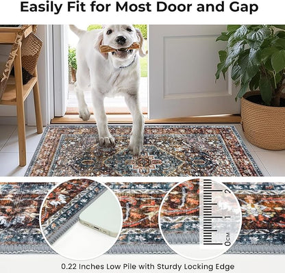 KOZYFLY Runners for Hallways 2x12 Ft Washable Kitchen Runner Rug Boho Long Runner for Entryway Indoor Printed Faux Wool Carpet for Bedroom Kitchen Hall, Brick Red/Orange/Green