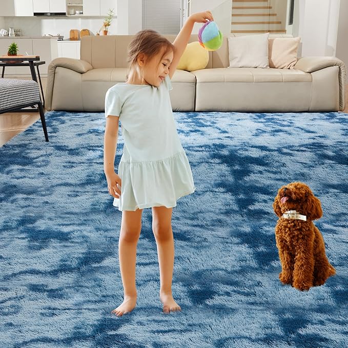 Ultra Soft Rug for Living Room, 4X6 Fluffy Shag Area Rug for Bedroom, Modern Shaggy Carpets Fuzzy Rug for Teens Dorm Nursery Home Decor Aesthetic, Upgrade Anti-Skid Durable, Tie-Dyed Blue Grey