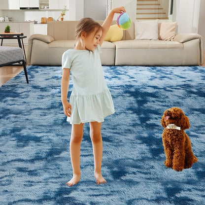 Ultra Soft Rug for Living Room, 8X10 Fluffy Shag Area Rug for Bedroom, Modern Shaggy Carpet Fuzzy Rug for Teens Dorm Nursery Home Decor Aesthetic, Upgrade Anti-Skid Durable, Tie-Dyed Blue Grey