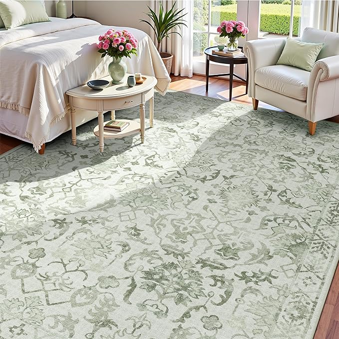 Deerly Sage Neutral Large Area Rug 9x12 for Living Room, Washable Rug for Dining Room Bedroom, Anti-Slip Low-Pile and Soft Accent Rug Farmhouse Office Home Decor Light Green