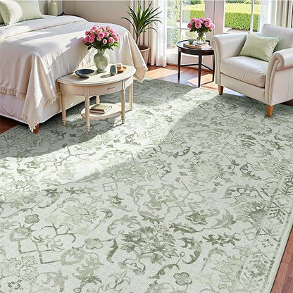 Deerly Sage Neutral Large Area Rug 9x12 for Living Room, Washable Rug for Dining Room Bedroom, Anti-Slip Low-Pile and Soft Accent Rug Farmhouse Office Home Decor Light Green