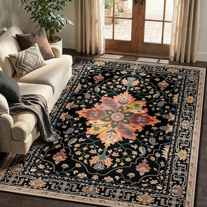 RELEANY Area Rugs 5'x7' Washable Non-Slip, Floral Vintage Distress Print Pattern Medallion Carpet for Living Room Bedroom Dining Room, Black Colorful Floral Dark Tan