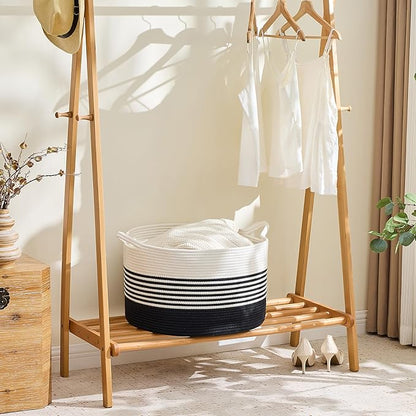 KAKAMAY Cotton Rope Storage Basket (20"x13"),Woven Hamper for Blankets,Toys,Pillows,Clothes,Laundry,Sturdy Handles Decorative Basket for Living Room, Bedroom,Nursery(Black/Black Fringe)
