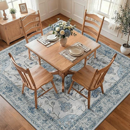 RELEANY Area Rugs Square 8ft Washable Non-Slip, Floral Vintage Distress Print Pattern Medallion Carpet for Living Room Bedroom Dining Room, Light Blue Navy Beige Gray White