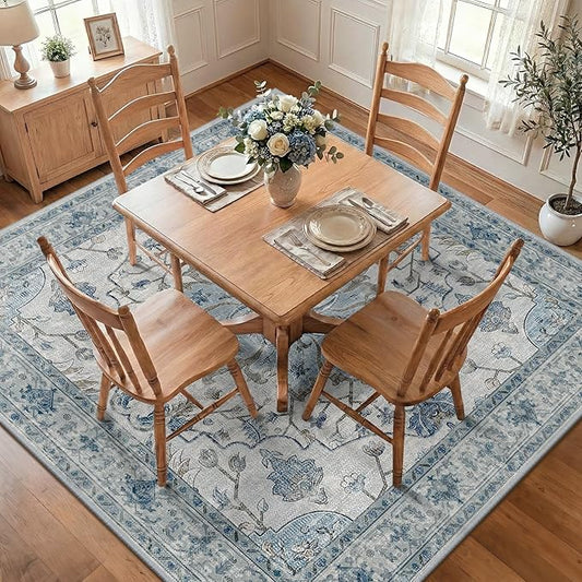 RELEANY Area Rugs Square 7ft Washable Non-Slip, Floral Vintage Distress Print Pattern Medallion Carpet for Living Room Bedroom Dining Room, Light Blue Navy Beige Gray White