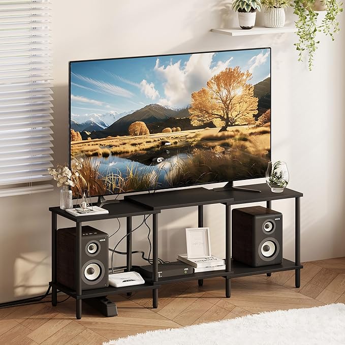 TV Stand, Entertainment Center, Industrial TV Media Console Table with Open Storage Shelves, 2 Tier TV Cabinet for Living Room, Bedroom LTS107BK