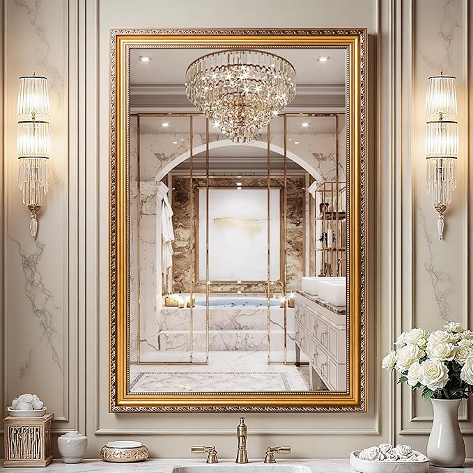 ROLOVE 34x24 Antique Gold Mirror for Wall, Ornate Vintage Wall Decor, Gold Framed Baroque Mirror for Fireplace Mantel, Living Room & Bathroom Vanity, Farmhouse Decor, Horizontal or Vertical