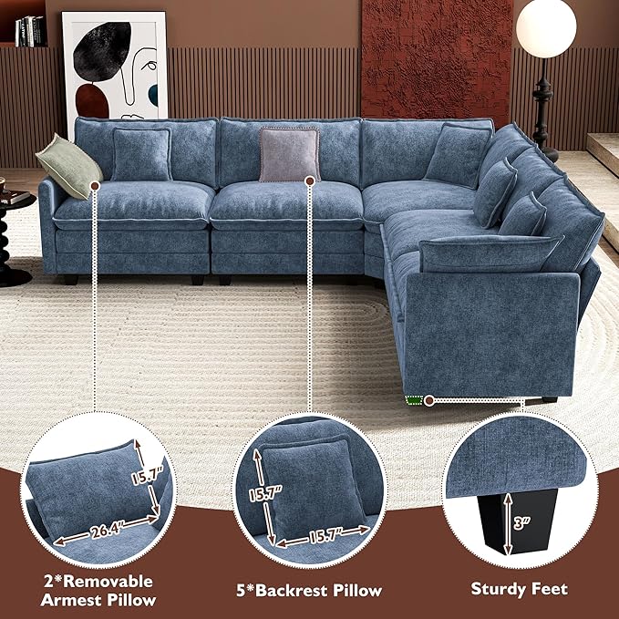Ihanherry 114" V-Shaped Modern Sofa Modular Sectional Cloud Couch with Corner Section, 5-Seat Chenille Deep Seat Sofa with 5 Pillows for Living Room, Bedroom and Apartment, Blue