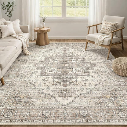 Area Rug 5x7 Washable Vintage - Soft Traditional Rugs for Living Room Large Non Slip Backing with Low Pile Farmhouse Oriental Retro Carpet for Bedroom Dining Room or Home Office - Light Brown